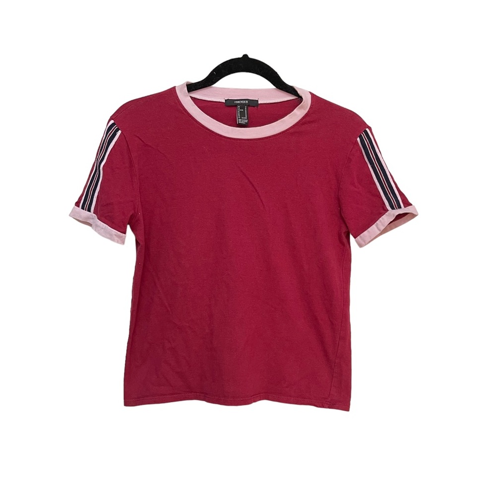 3 For $15‼️ BUNDLE &‎ SAVE Forever 21 Burgundy Striped Crewneck T-Shirt Size M